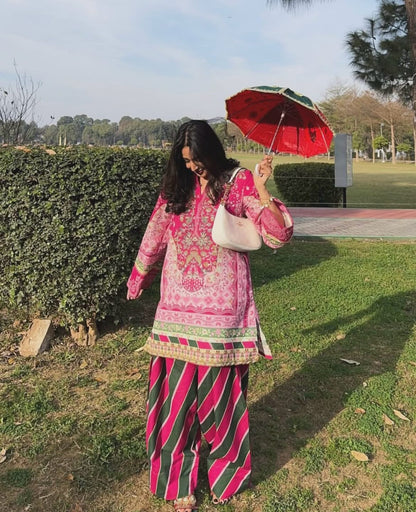 Magenta Floral Printed Lawn Kurti & Farshi Shalwar with Dupatta – 3 Piece