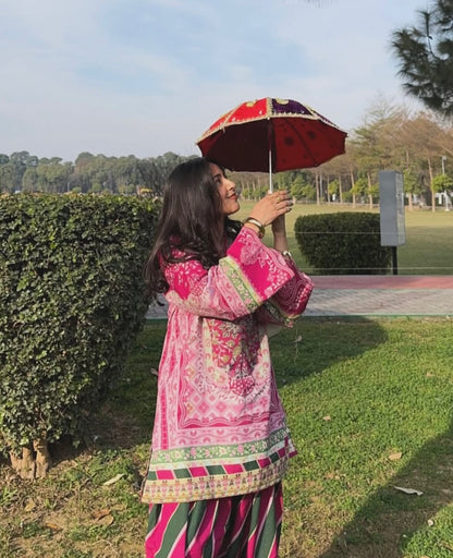 Magenta Floral Printed Lawn Kurti & Farshi Shalwar with Dupatta – 3 Piece