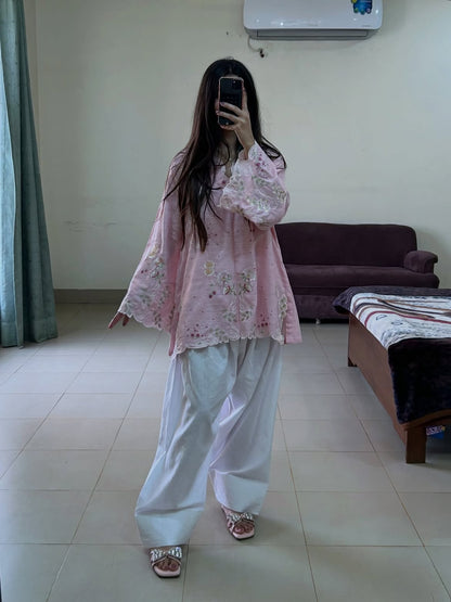 Blush Pink Scalloped Floral Tunic with White Farshi Shalwar – 2 Piece