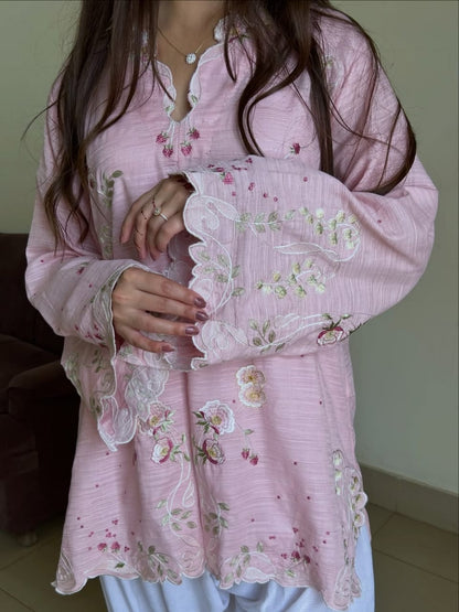 Blush Pink Scalloped Floral Tunic with White Farshi Shalwar – 2 Piece