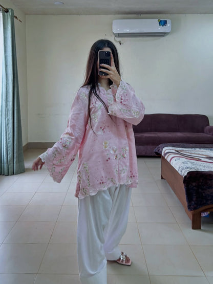 Blush Pink Scalloped Floral Tunic with White Farshi Shalwar – 2 Piece