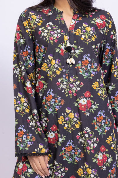 Charcoal Black Floral Printed Lawn Kurti with White Farshi Shalwar– 2 Piece