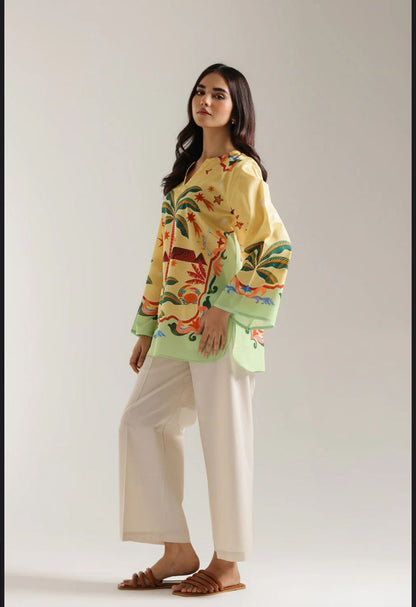 Tropical Palm Printed Lawn Tunic with Farshi Shalwar – 2 Piece
