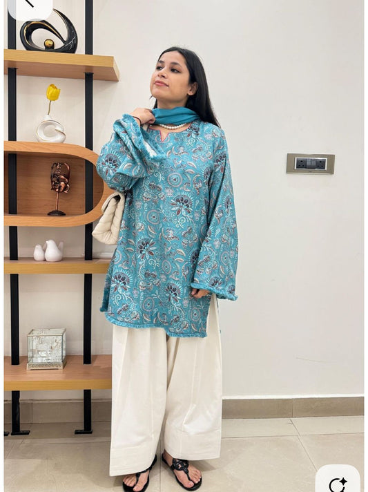 Teal Blue Ethnic Printed Lawn Tunic with Farshi Shalwar – 2 Piece