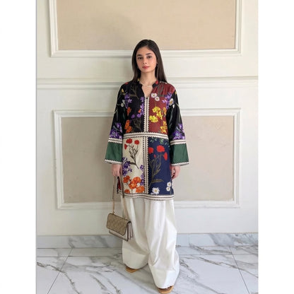 Multi-Color Patchwork Floral Printed Lawn Tunic with Farshi Shalwar – 2 Piece