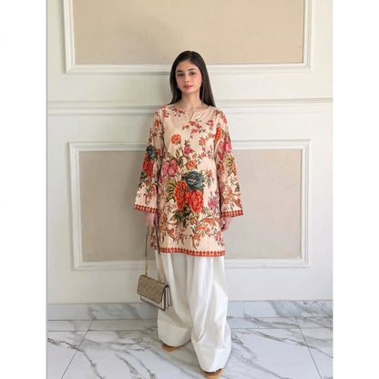 Dusty Peach Botanical Printed Lawn Kurti & Farshi Shalwar Set