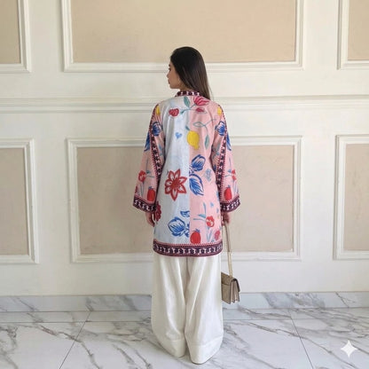 Dual-Tone Pink & Powder Blue Floral Printed Tunic with Farshi Shalwar – 2 Piece