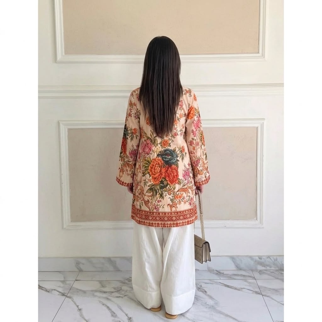 Dusty Peach Botanical Printed Lawn Kurti & Farshi Shalwar Set