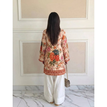 Dusty Peach Botanical Printed Lawn Kurti & Farshi Shalwar Set