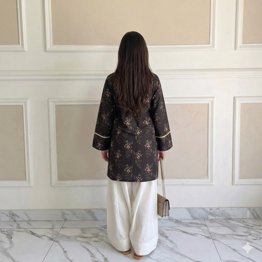 Midnight Black Floral Printed Lawn Kurti & Farshi Shalwar Set