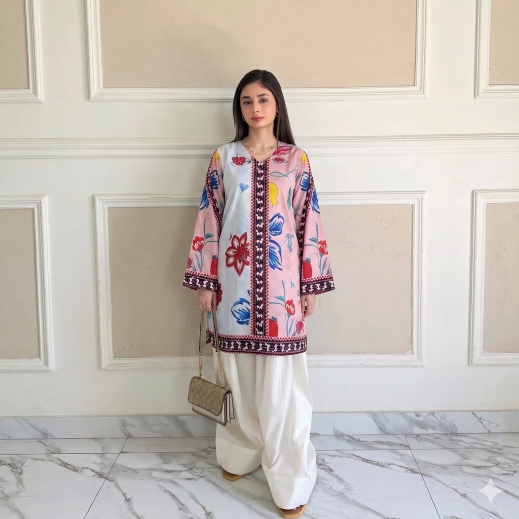 Dual-Tone Pink & Powder Blue Floral Printed Tunic with Farshi Shalwar – 2 Piece