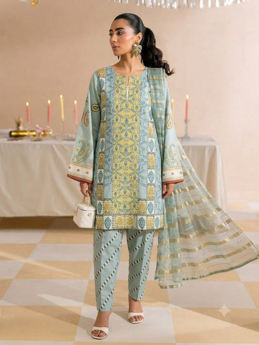 Mint Green & Yellow Printed Lawn Suit with Dupatta – 3 Piece