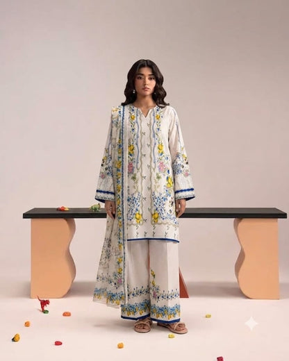 Off-White Floral Printed Lawn Suit with Dupatta – 3 Piece