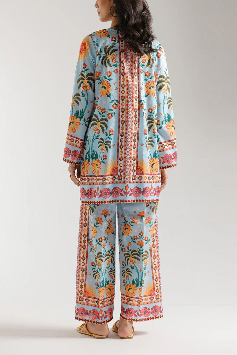 Powder Blue Tropical Palm Printed Lawn Suit with Dupatta – 3 Piece