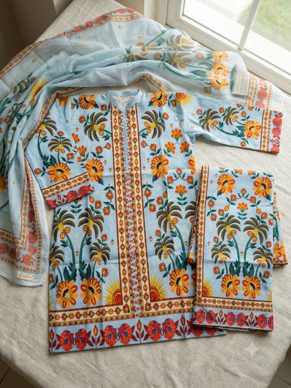 Powder Blue Tropical Palm Printed Lawn Suit with Dupatta – 3 Piece