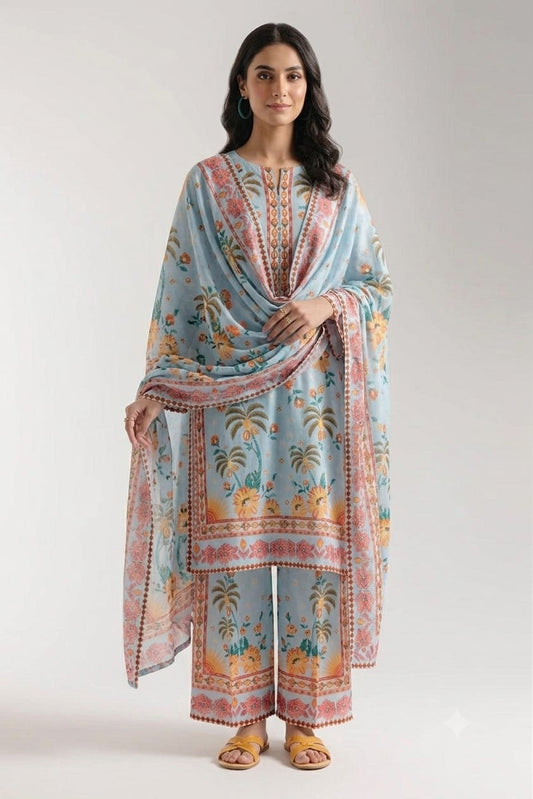 Powder Blue Tropical Palm Printed Lawn Suit with Dupatta – 3 Piece