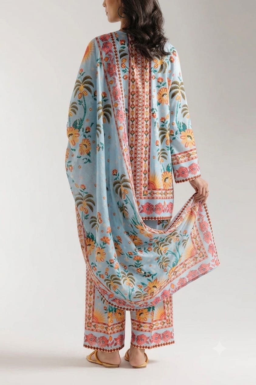 Powder Blue Tropical Palm Printed Lawn Suit with Dupatta – 3 Piece