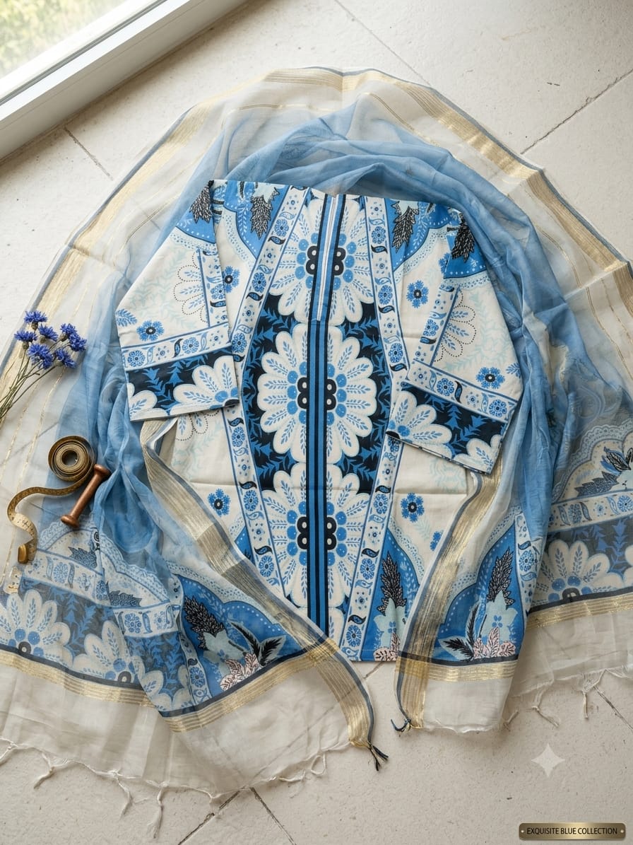 Indigo Blue & Cream Printed Lawn Suit with Dupatta – 3 Piece