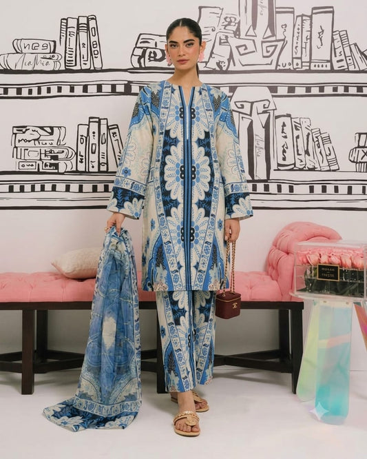 Indigo Blue & Cream Printed Lawn Suit with Dupatta – 3 Piece