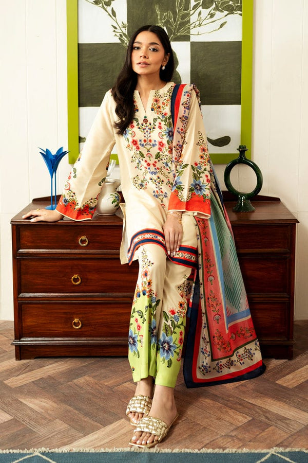 Cream Floral Embroidered-Look Lawn Suit with Dupatta – 3 Piece