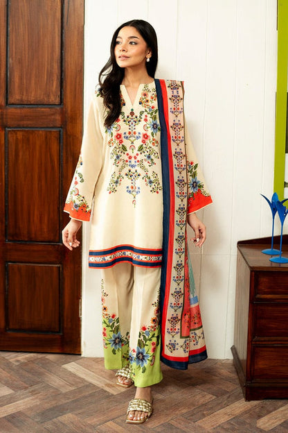 Cream Floral Embroidered-Look Lawn Suit with Dupatta – 3 Piece