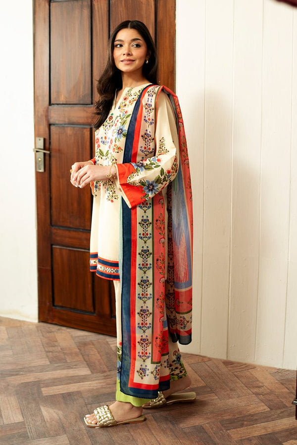 Cream Floral Embroidered-Look Lawn Suit with Dupatta – 3 Piece