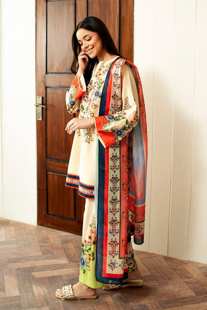 Cream Floral Embroidered-Look Lawn Suit with Dupatta – 3 Piece