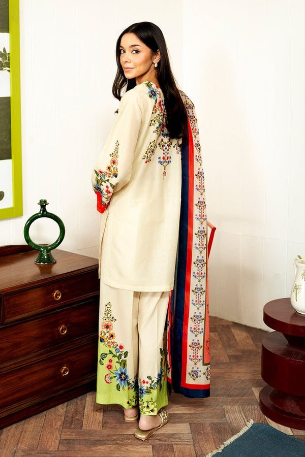 Cream Floral Embroidered-Look Lawn Suit with Dupatta – 3 Piece