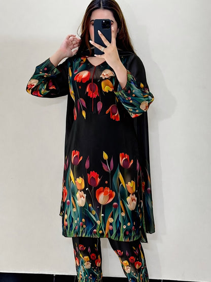 Black Tulip Garden Digital Printed Lawn Suit with Dupatta – 3 Piece
