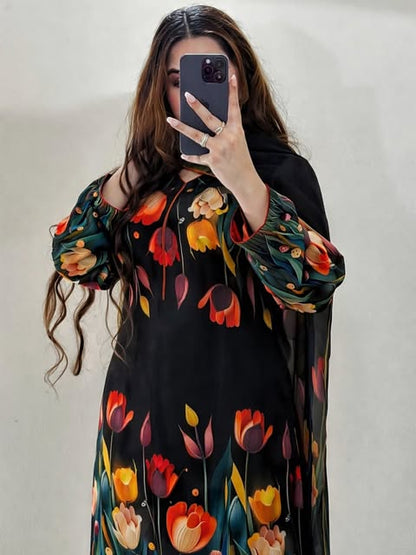 Black Tulip Garden Digital Printed Lawn Suit with Dupatta – 3 Piece
