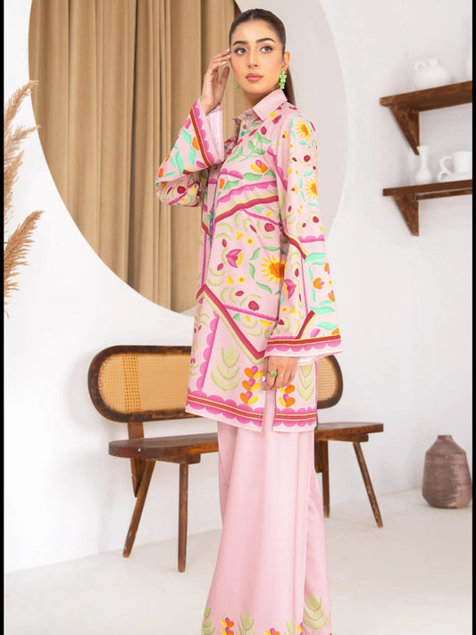 Pastel Pink Folk Floral Printed Lawn Kurti & Farshi Shalwar 3-Piece Set