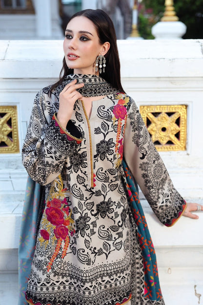 Grey Monochrome Floral & Paisley Printed Lawn Suit with Teal Dupatta – 3 Piece