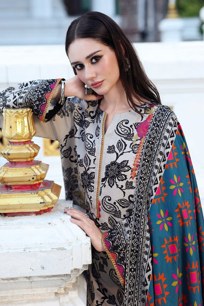 Grey Monochrome Floral & Paisley Printed Lawn Suit with Teal Dupatta – 3 Piece