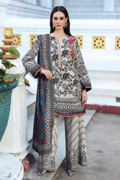 Grey Monochrome Floral & Paisley Printed Lawn Suit with Teal Dupatta – 3 Piece