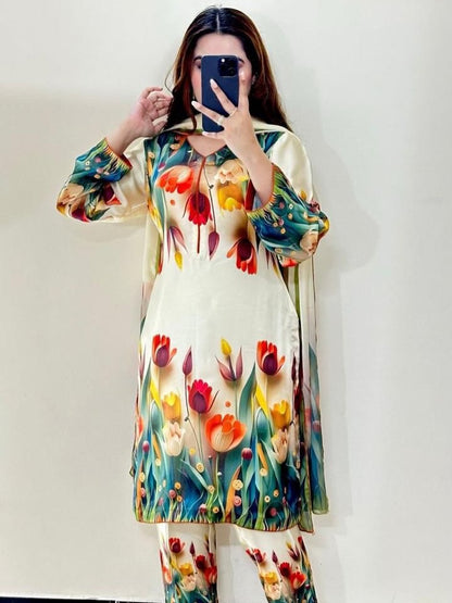 Cream Botanical Tulip Printed Lawn 3-Piece Suit