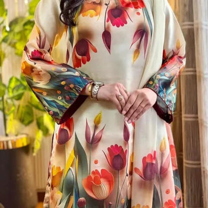 Cream Botanical Tulip Printed Lawn 3-Piece Suit