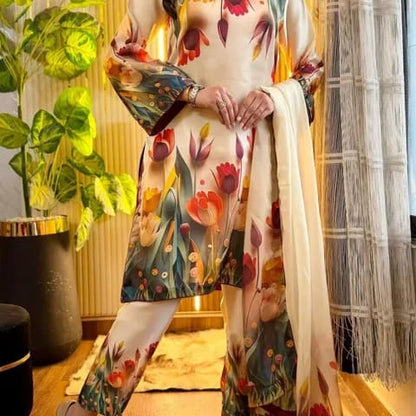 Cream Botanical Tulip Printed Lawn 3-Piece Suit