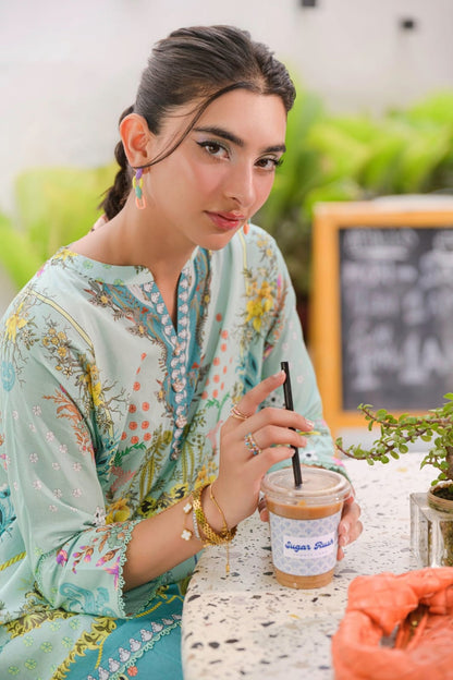Pastel Teal Tropical Vignette Printed Lawn Suit with Printed Dupatta