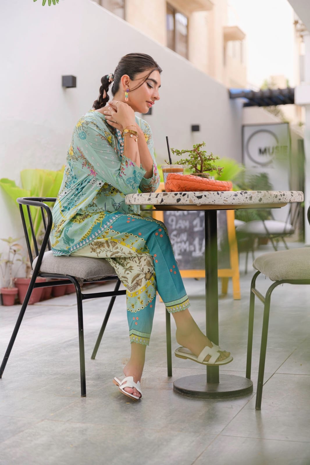Pastel Teal Tropical Vignette Printed Lawn Suit with Printed Dupatta
