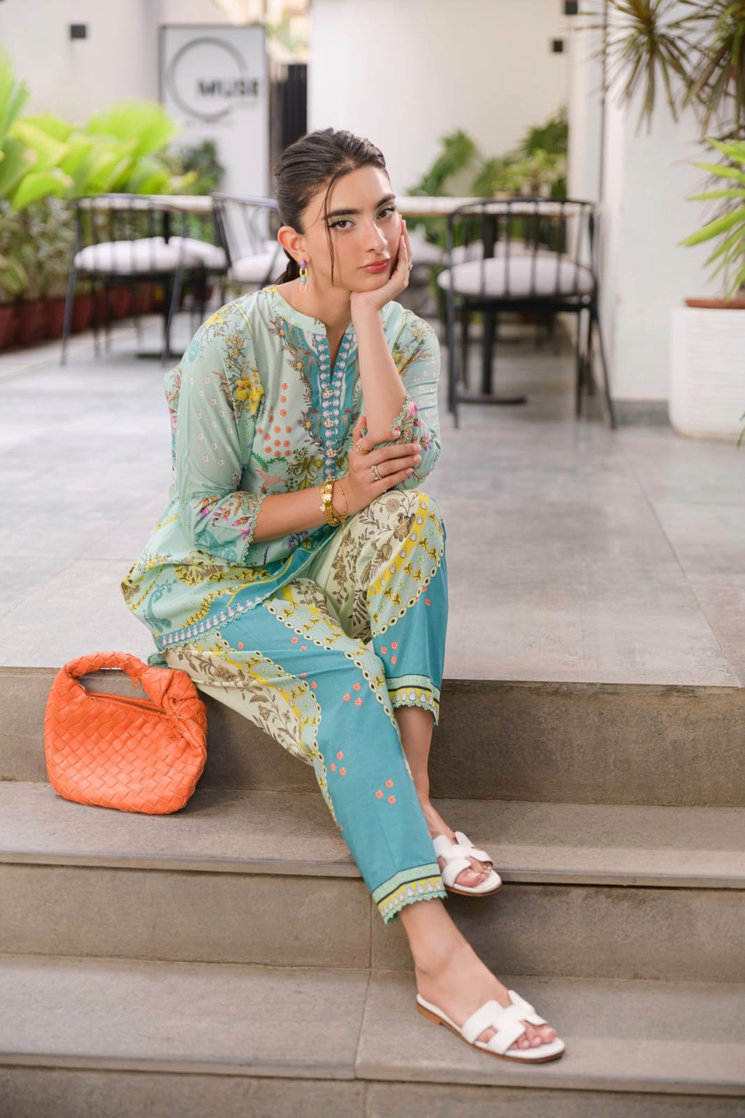 Pastel Teal Tropical Vignette Printed Lawn Suit with Printed Dupatta