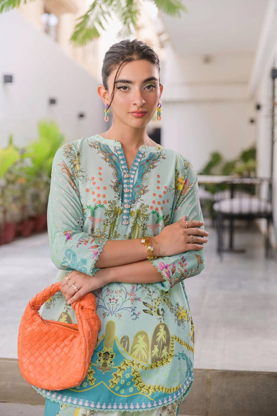Pastel Teal Tropical Vignette Printed Lawn Suit with Printed Dupatta