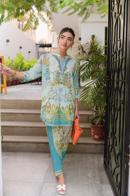 Pastel Teal Tropical Vignette Printed Lawn Suit with Printed Dupatta