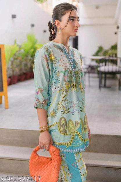 Pastel Teal Tropical Vignette Printed Lawn Suit with Printed Dupatta