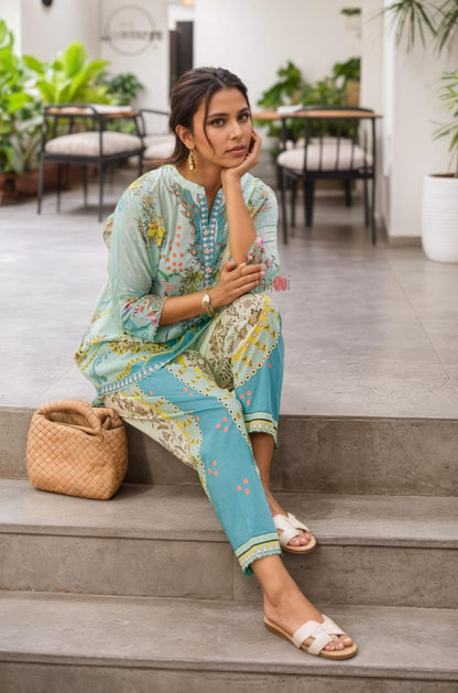 Pastel Teal Tropical Vignette Printed Lawn Suit with Printed Dupatta