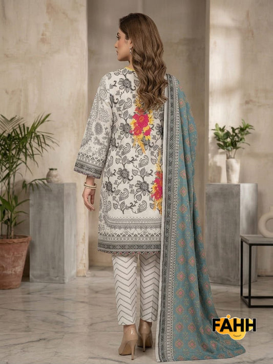 Off-White Monochrome Paisley Printed Lawn Suit with Teal Dupatta – 3 Piece