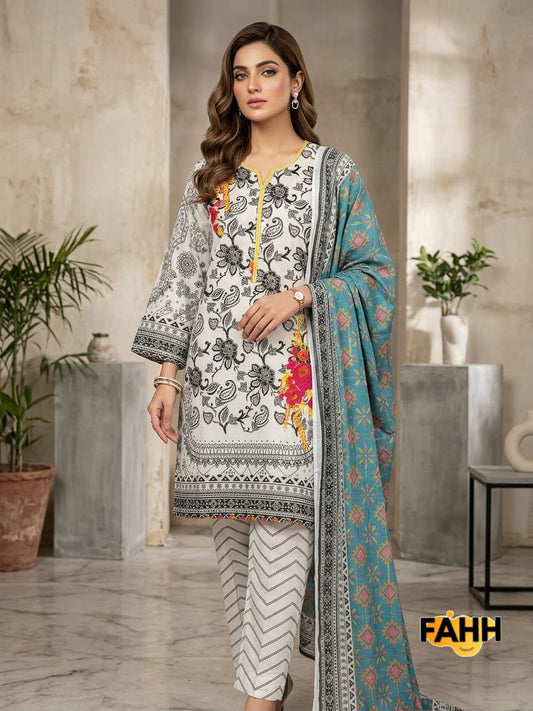 Off-White Monochrome Paisley Printed Lawn Suit with Teal Dupatta – 3 Piece