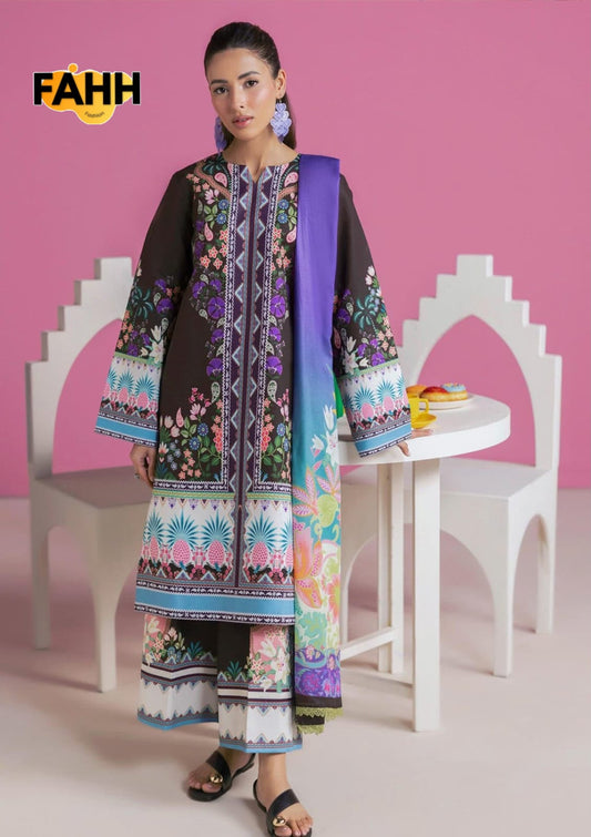 Dark Chocolate Floral & Pineapple Motif Printed Lawn Suit with Dupatta – 3 Piece