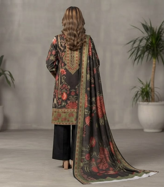 Black Floral & Olive Border Printed Lawn Suit with Dupatta – 3 Piece