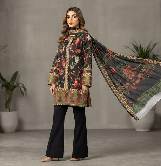 Black Floral & Olive Border Printed Lawn Suit with Dupatta – 3 Piece