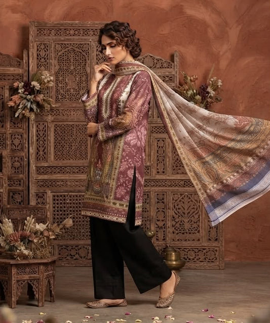 Mauve Plum Ethnic Tapestry Printed Lawn Suit with Dupatta – 3 Piece